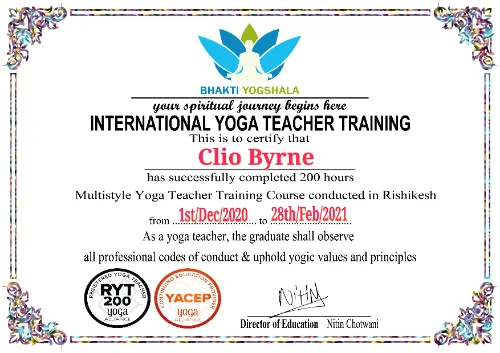 Cliodhna Oliva Byrne 200 Hour Yoga Certificate RYS certificate