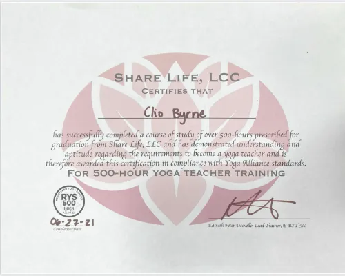 Cliodhna Oliva Byrne 500 Hour Yoga Certificate RYS certificate