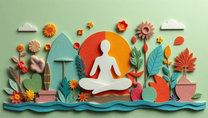 Aplicación práctica de Yamas y Niyamas en la vida cotidiana - Integración armónica de principios del yoga en trabajo y relaciones Persona meditando entre flores y naturaleza que simboliza los Yamas y Niyamas, la ética del yoga fuera del mat y la conexión con el entorno.