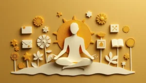Ilustración de yoga en meditación que representa los Yamas y Niyamas, la ética del yoga fuera del mat con símbolos de equilibrio y armonía.