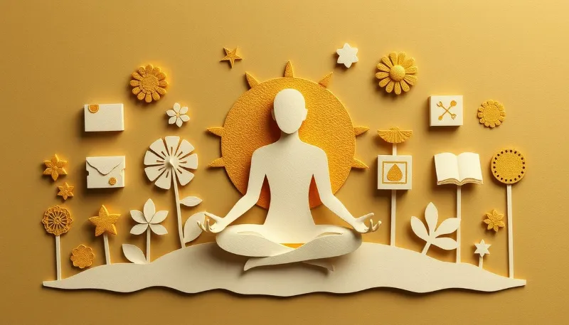 Ilustración de yoga en meditación que representa los Yamas y Niyamas, la ética del yoga fuera del mat con símbolos de equilibrio y armonía.