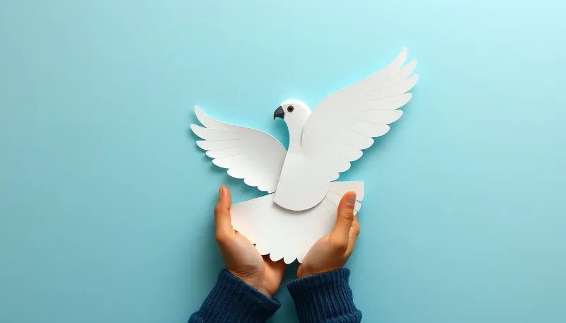 Representación artística de Ahimsa - Principio de no violencia del yoga mostrado con manos protegiendo una paloma en papel recortado Paloma blanca en manos humanas que simboliza los Yamas y Niyamas, la ética del yoga fuera del mat y la paz interior.