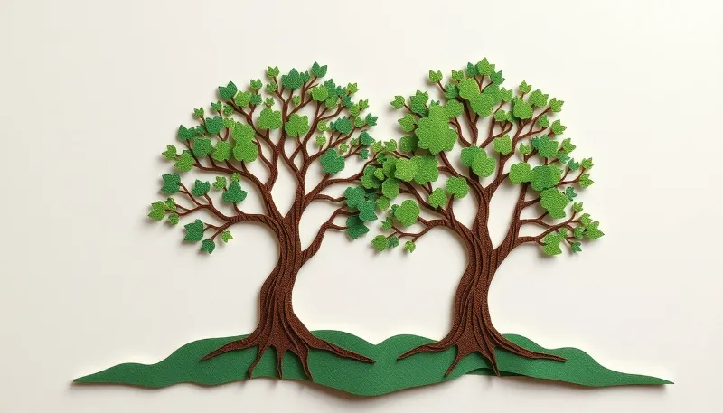 Dos árboles con raíces profundas simbolizando los cinco Yamas y cinco Niyamas como cimientos del yoga - Arte en papel texturizado 3D Dos árboles unidos que simbolizan los Yamas y Niyamas, la ética del yoga fuera del mat y la conexión con la naturaleza y el crecimiento interior.
