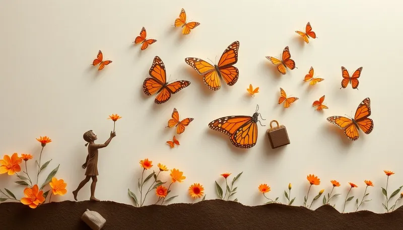 Representación de Aparigraha - Liberación del apego material mostrada con figura humana y mariposas de papel en arte 3D Niña con flores y mariposas naranjas que simbolizan los Yamas y Niyamas, la ética del yoga fuera del mat y la transformación personal.