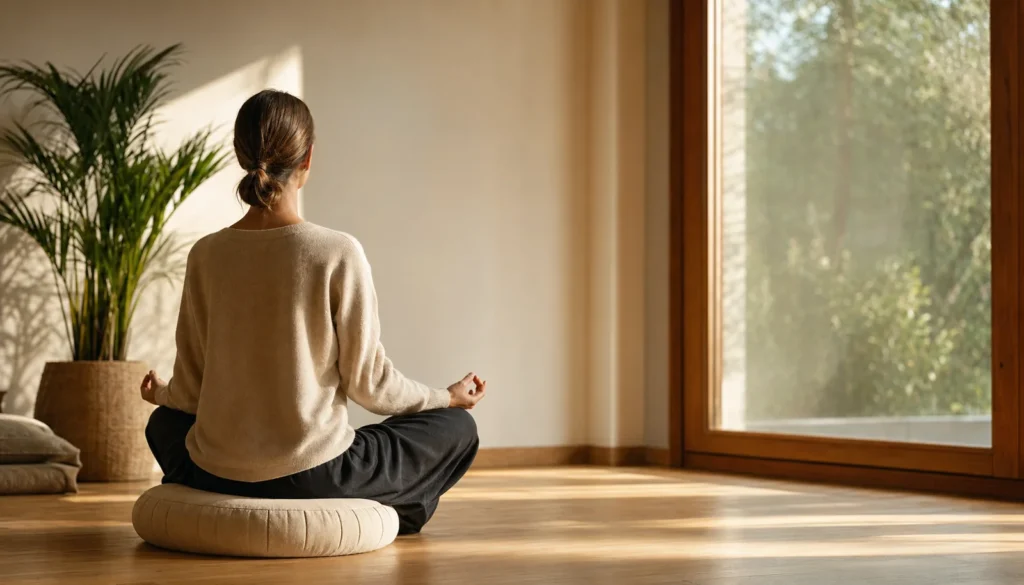 Persona meditando vista de espaldas en cojín zafu junto a ventana con luz natural