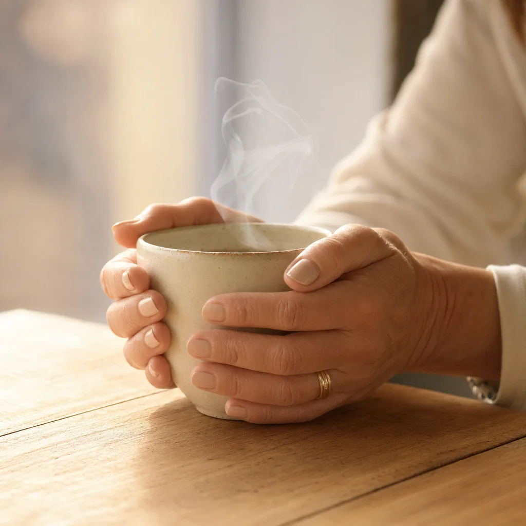Manos sosteniendo taza de té caliente con vapor en momento de calma durante duelo