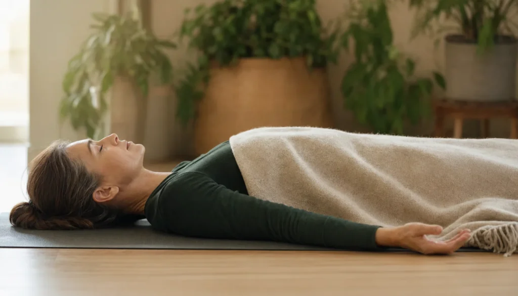 Mujer en savasana cubierta con manta durante práctica de yoga para el duelo