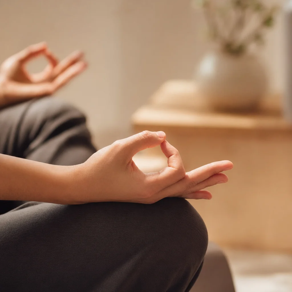 Close-up of hand in gyan mudra during mindfulness meditation
