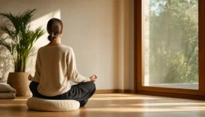 Person meditating seen from behind on a zafu cushion next to a window with natural light