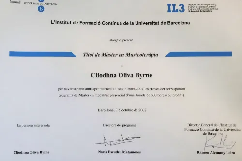 Master en musicoterapia de la universidad de barcelona para cliodhna oliva byrne