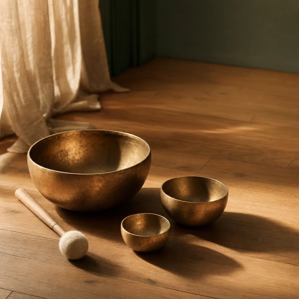 Tres cuencos tibetanos de bronce sobre suelo de madera para sesión de sonoterapia y musicoterapia
