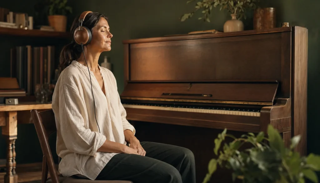 Mujer escuchando música con auriculares profesionales junto a un piano vertical en sesión de musicoterapia