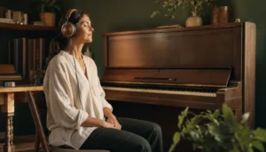 Mujer escuchando música con auriculares profesionales junto a un piano vertical en sesión de musicoterapia