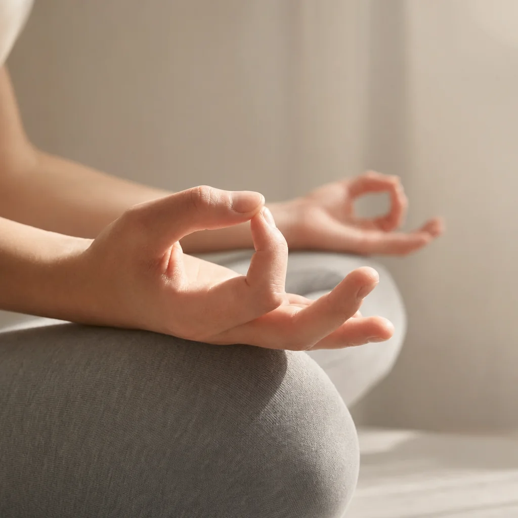 Detalle de manos en chin mudra durante práctica de pranayama y respiración consciente