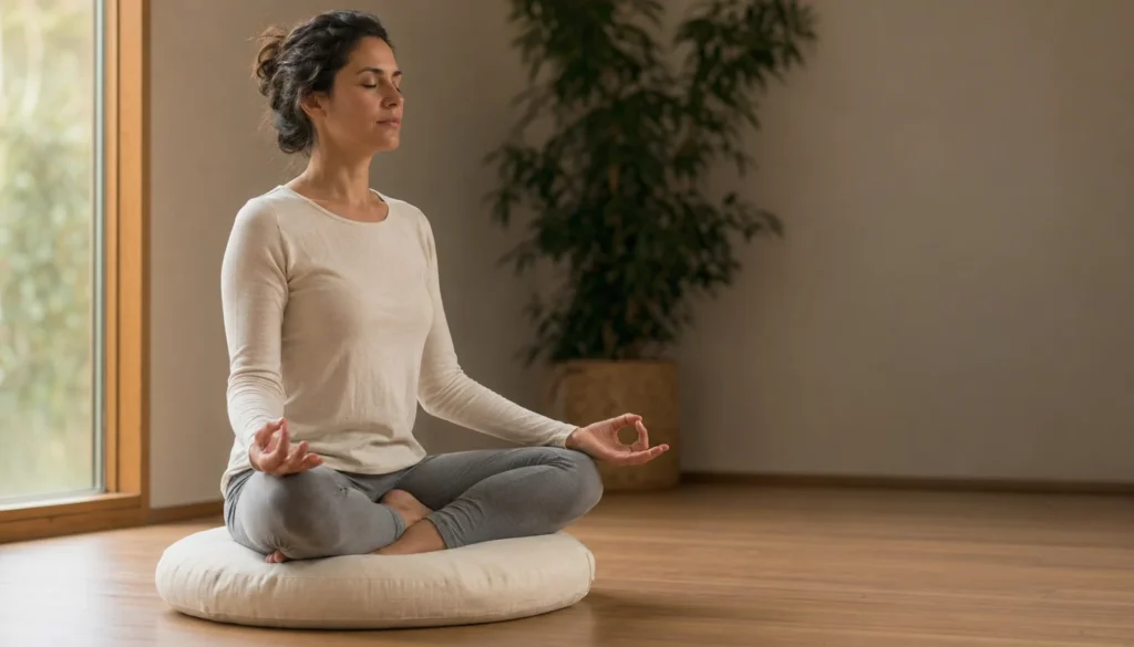 Mujer practicando pranayama en sukhasana con manos en chin mudra durante una sesión de yoga