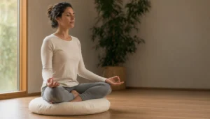 Mujer practicando pranayama en sukhasana con manos en chin mudra durante una sesión de yoga