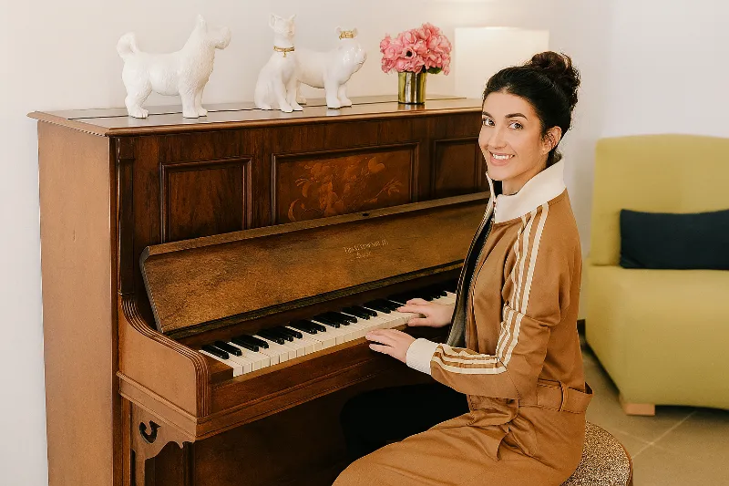 Profesora de piano en Barcelona tocando un piano vertical antiguo en un ambiente acogedor