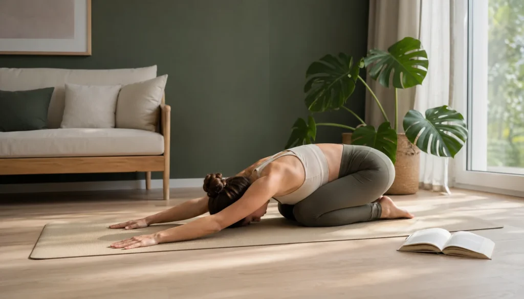 Woman practicing yoga in child's pose in her living room with natural light during her first week of practice