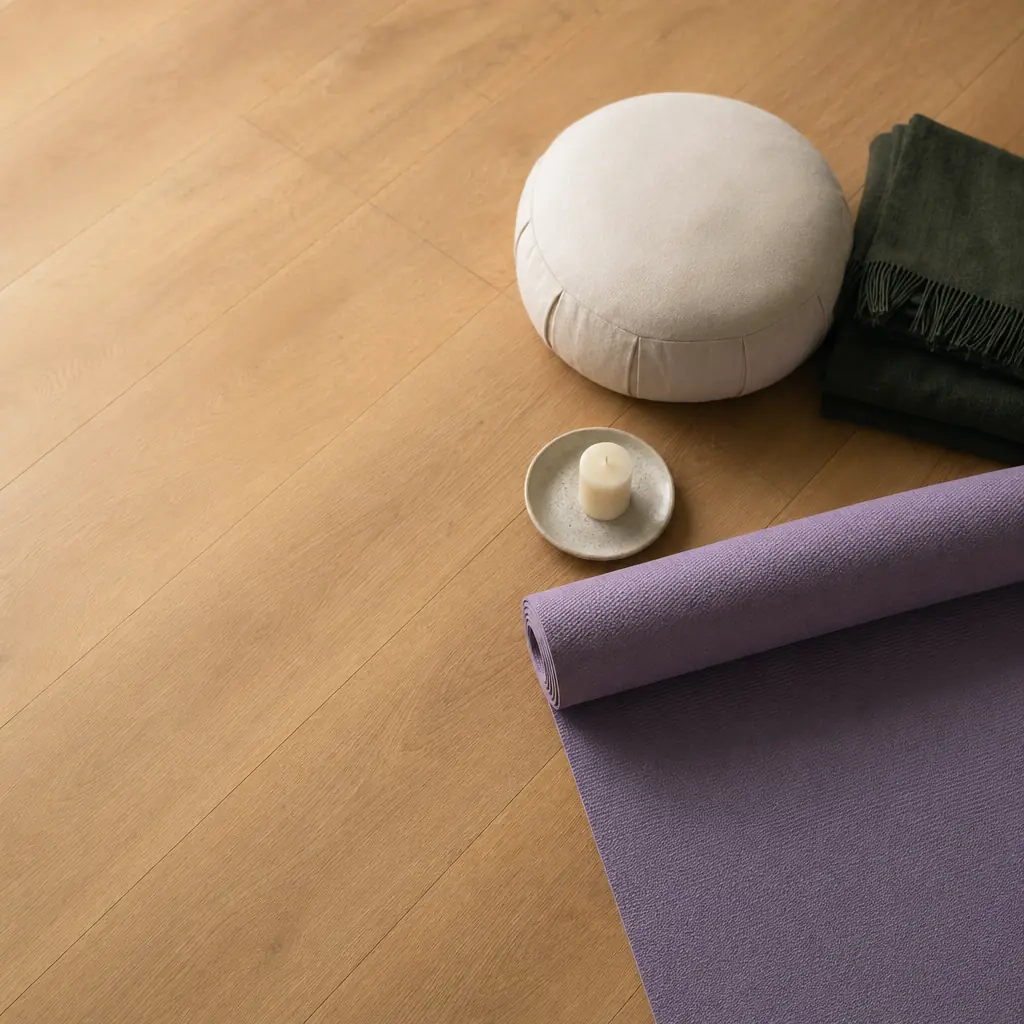 Lavender yoga mat rolled up next to a meditation cushion, blanket and candle: a minimal kit to start yoga at home