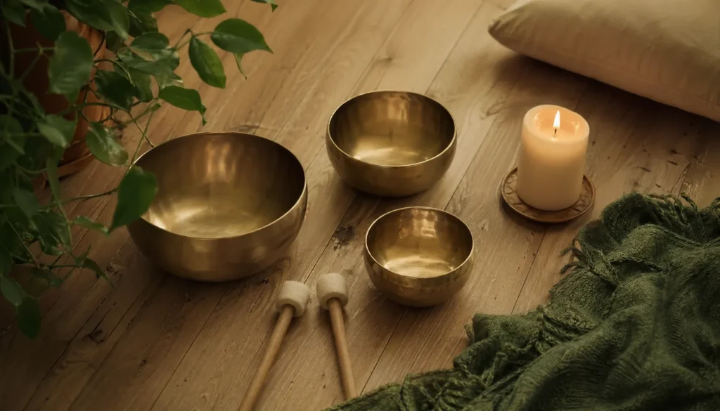 Tres cuencos tibetanos de bronce y una vela encendida sobre suelo de madera, atmósfera serena de sonoterapia
