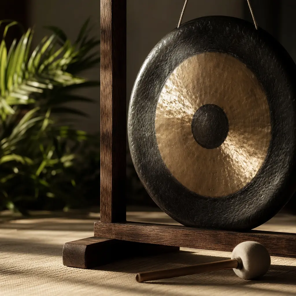 Close-up of a gong hanging from a wooden stand with its mallet on the floor