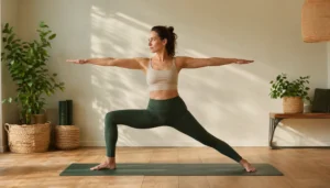 Woman in virabhadrasana II in a bright studio with correct alignment and frontal view