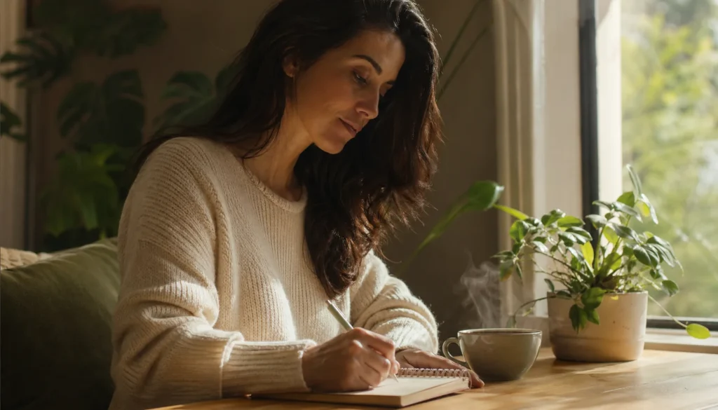 Woman writing in a notebook by a warm-lit window, an atmosphere of inner self-observation