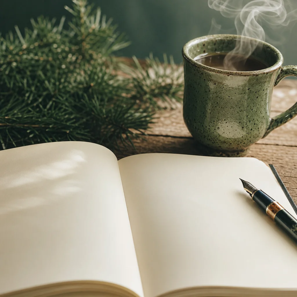 Open blank notebook with pen and a steaming cup of tea, feel of svadhyaya self-study