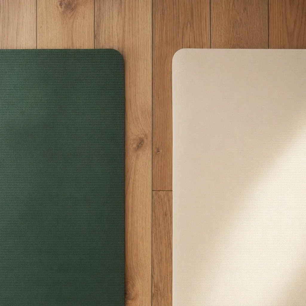 Two parallel mats, one pine green and one cream, on a wooden floor, feeling of choice between styles