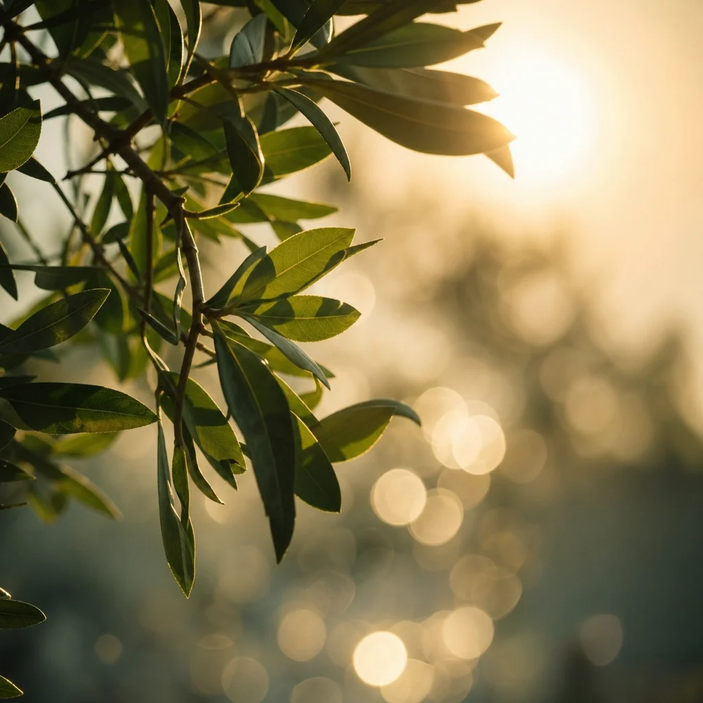 Green leaves against the sunrise with golden bokeh, philosophical feel of yoga