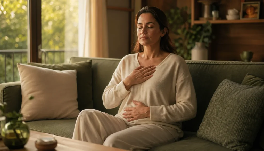Mujer sentada con manos sobre pecho y abdomen respirando con calma en sofá, regulación emocional doméstica