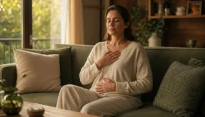 Woman seated with hands on chest and abdomen breathing calmly on a sofa, domestic emotional regulation