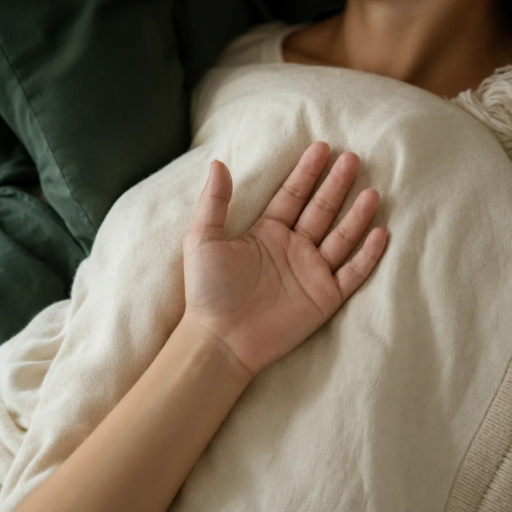 Hands resting on the chest with open palm, a gesture of inner safety