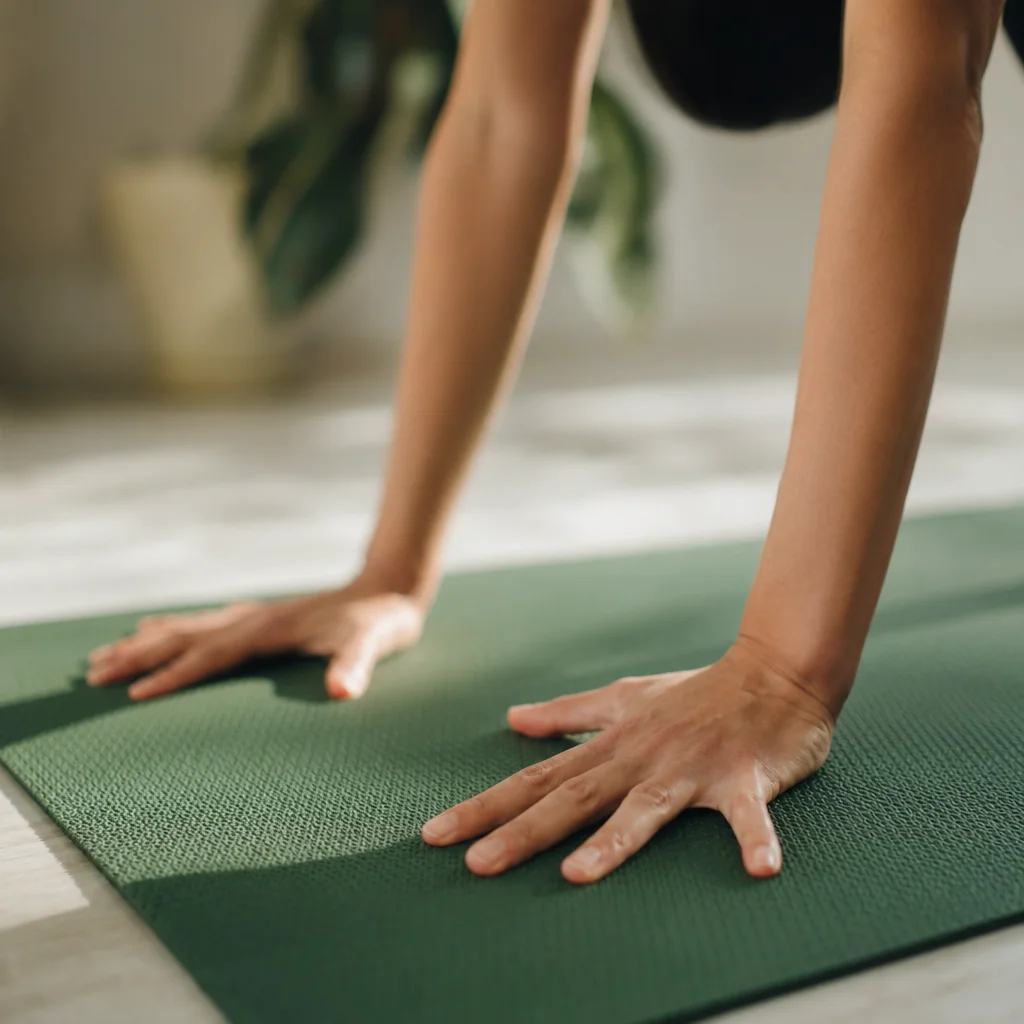 Firm hands on the mat in downward dog with fingers spread and weight distributed