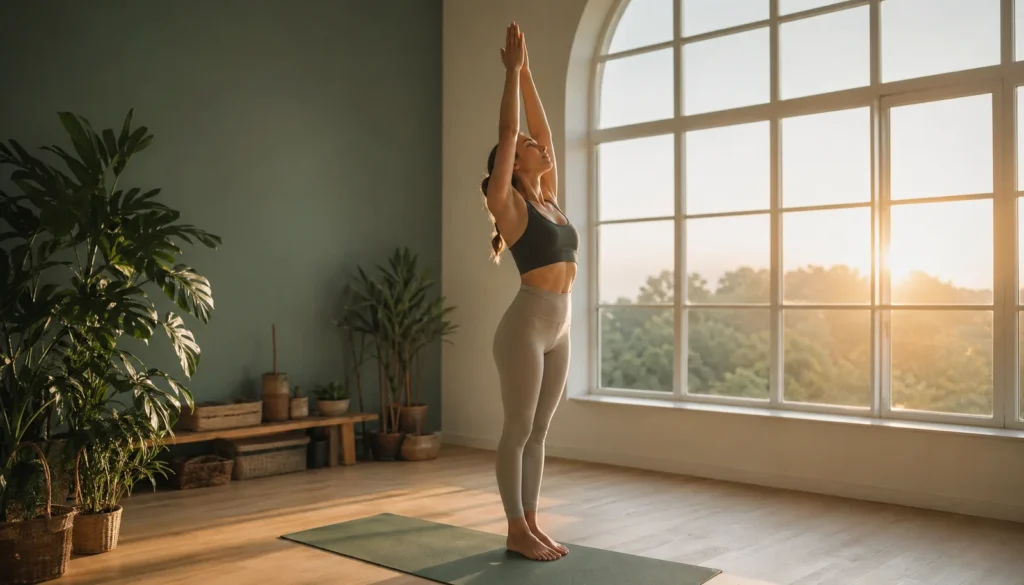 Mujer practicando saludo al sol en estudio luminoso, en postura de urdhva hastasana con brazos elevados al amanecer