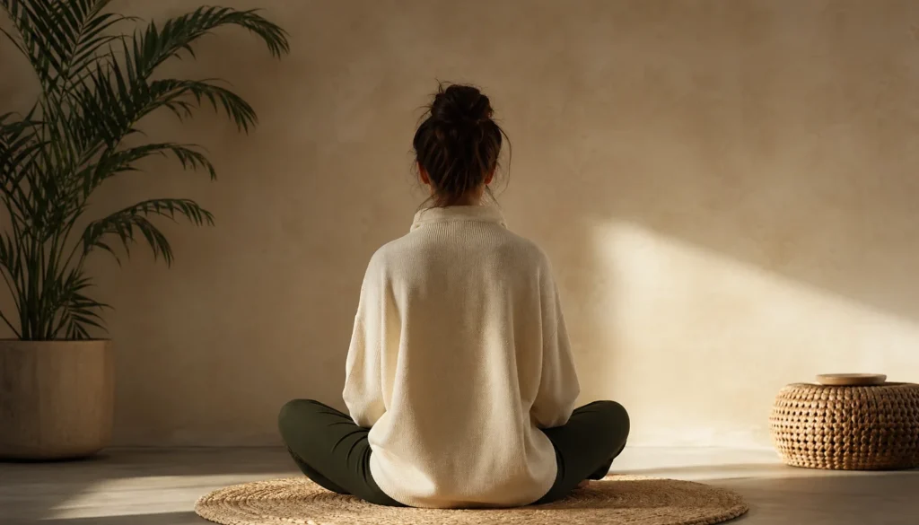 Silueta de espaldas de una mujer sentada en sukhasana en meditación contra fondo neutro con luz cálida