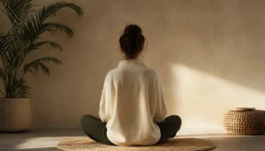 Silueta de espaldas de una mujer sentada en sukhasana en meditación contra fondo neutro con luz cálida