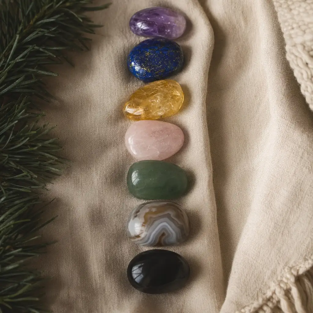 Seven natural mineral stones aligned in a column on beige natural fabric, contemplative atmosphere