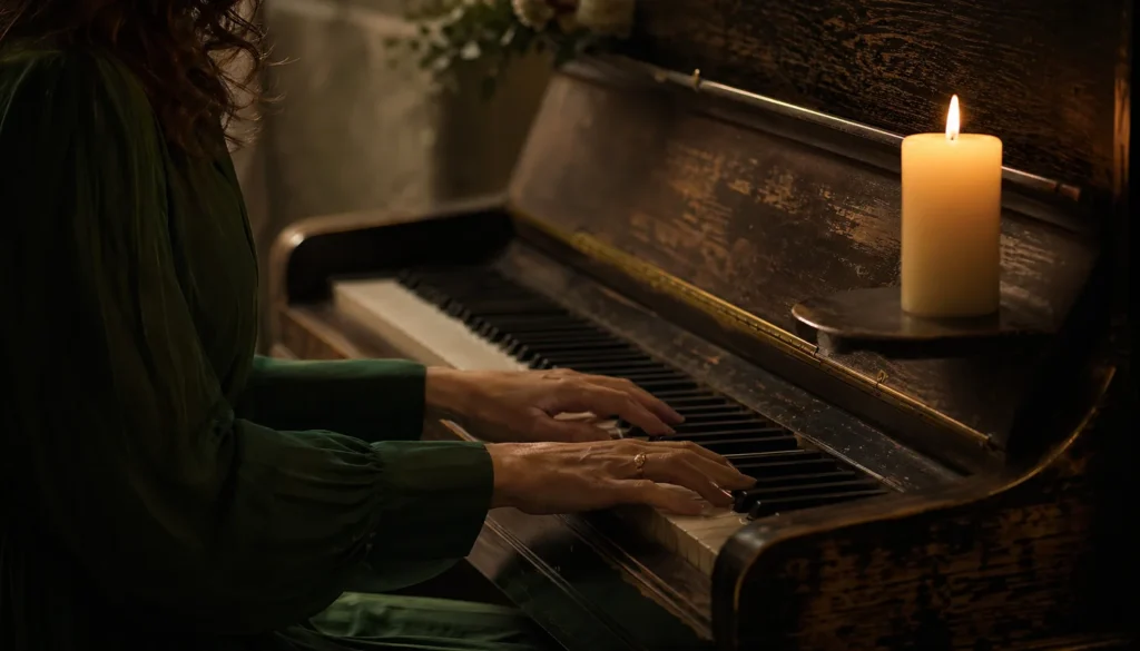 Manos de mujer adulta tocando suavemente las teclas de un piano vertical viejo de madera con vela encendida, atmósfera de duelo digna