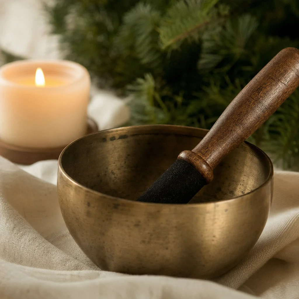 Bronze Tibetan bowl with mallet next to a lit candle on a cream linen cloth, reverent atmosphere