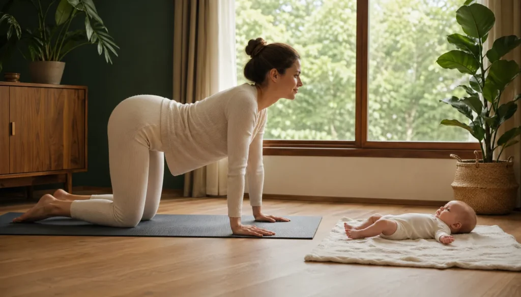 Woman in all-fours on a mat in a warm domestic setting with a calm baby lying a metre away looking at her
