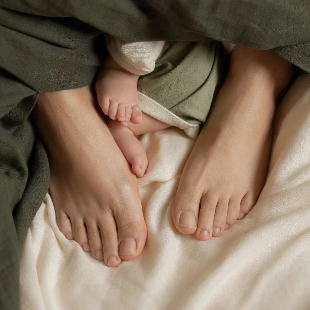Pies de adulto descalzos junto a pies de bebé pequeñísimos sobre tela de algodón crema, conexión postparto