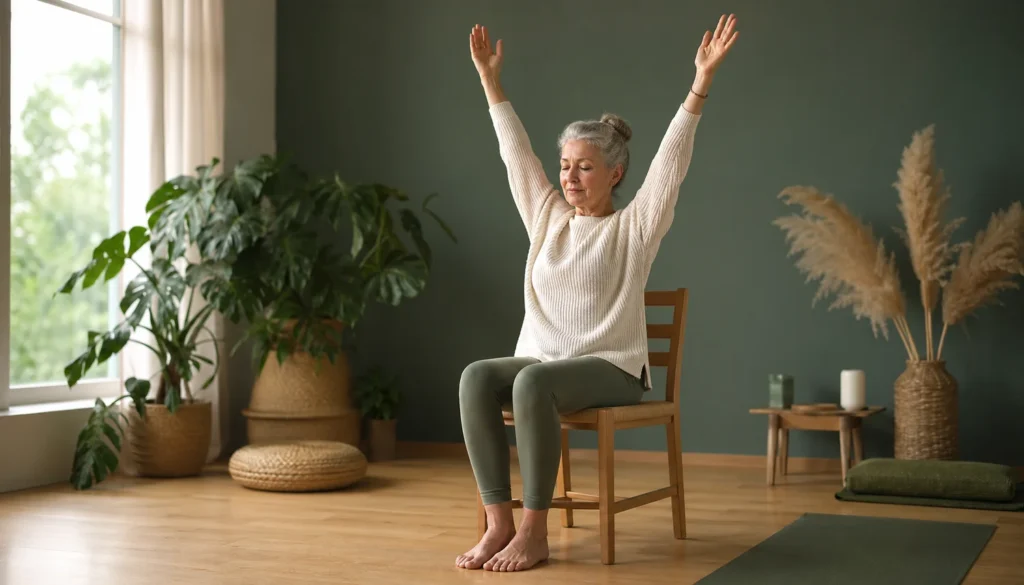 Mujer mayor de 65 años practicando yoga en silla con brazos elevados al cielo, espalda erguida, expresión serena