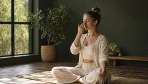 Woman in sukhasana with right hand in vishnu mudra closing one nostril in nadi shodhana breath