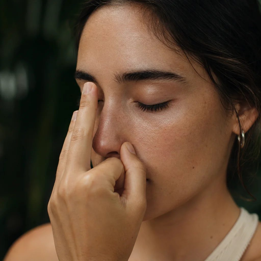 Close-up of face and hand in vishnu mudra during alternate-nostril breath, eyes closed