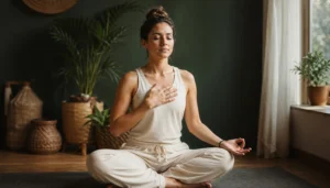 Mujer en sukhasana respirando ujjayi con mano izquierda en chin mudra y mano derecha en pecho sintiendo la respiración