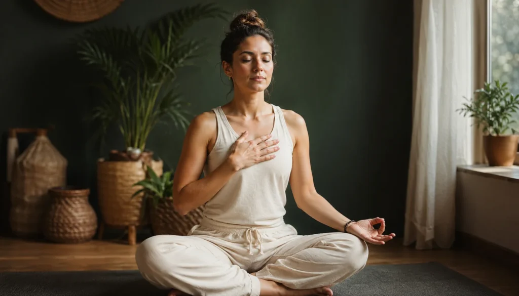 Woman in sukhasana breathing ujjayi with left hand in chin mudra and right hand on chest feeling the breath