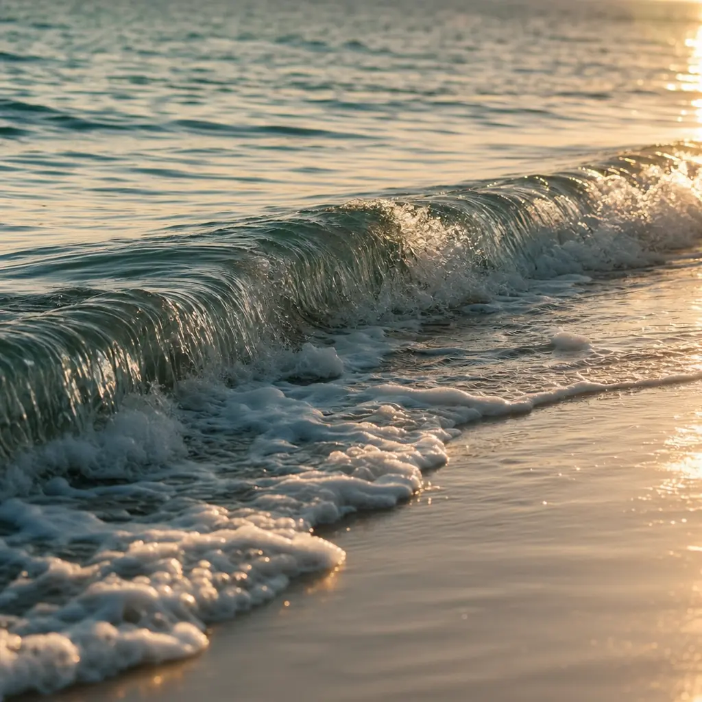 Gentle ocean waves breaking on a light-sand beach at sunrise, sensation of ocean breath