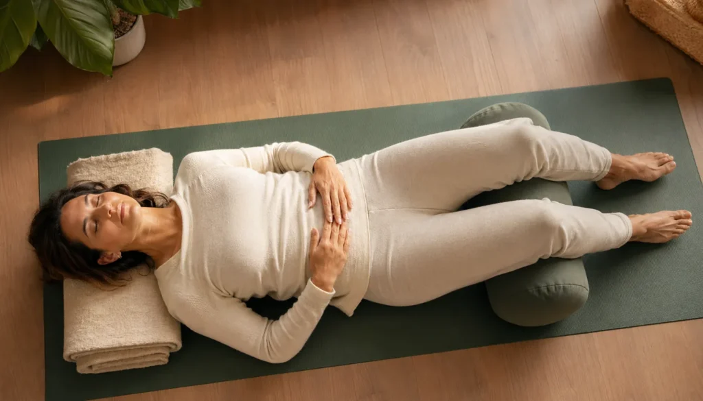 Woman lying with a bolster under the knees and hands on the abdomen following the 4-8 breath, serene expression