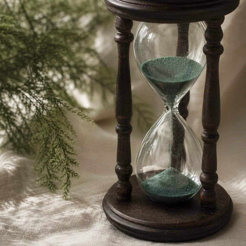 Reloj de arena de madera sobre tela natural crema con granos cayendo, sensación de tiempo respirado